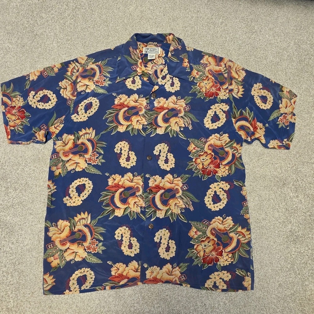 Avanti Vintage Hawaiian Shirt Mens XL Blue 100% Silk Guitar Lei Floral Aloha